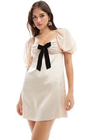 Miss Selfridge Satin ruched bow detail mini dress in cream