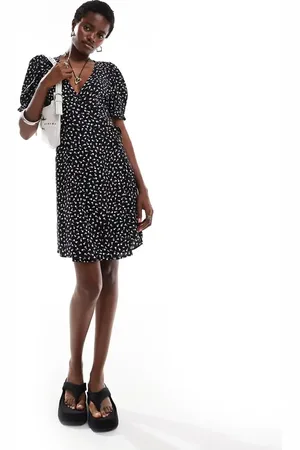 Monki Puff short sleeve mini wrap dress in black and white floral