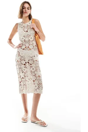MANGO Crochet midi dress in beige