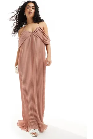 TFNC Bridesmaids cold shoulder chiffon pleated maxi dress in rose