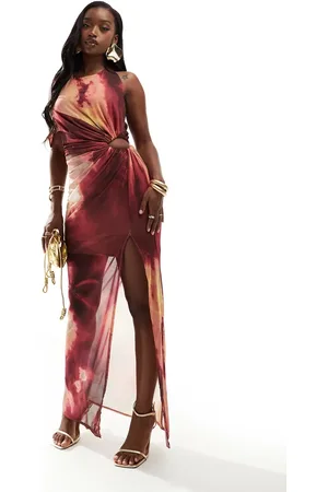 ASOS Off shoulder ruched cut out maxi dress in pink & yellow floral print