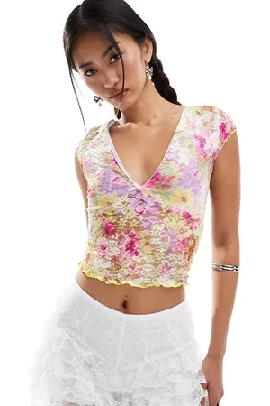 Daisy Street V neck cap sleeve top with bow detail in printed lace
