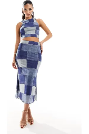 Sixth June Co-ord mesh patchwork denim print maxi skirt in
