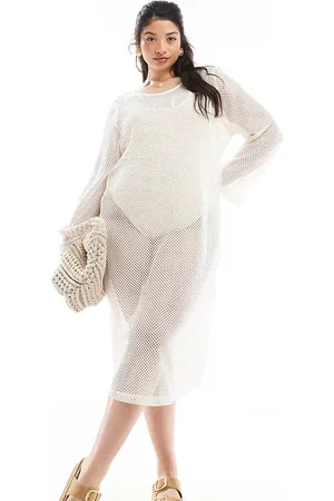 Pieces® Pieces Curve open knit beach midi dress with bell sleeves in cream