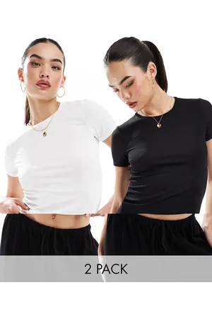 VERO MODA Slinky fine rib 2 pack t-shirts in black and white