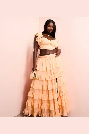 ASOS Curve co-ord beach tiered sheer maxi skirt in apricot