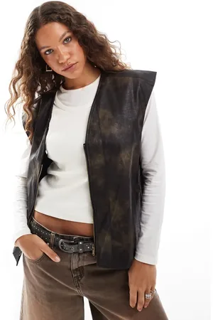 Noisy May Faux leather zip thru vest in washed brown