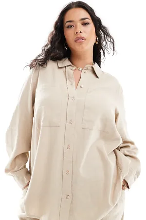 ONLY Linen mix long sleeve shirt co-ord in beige