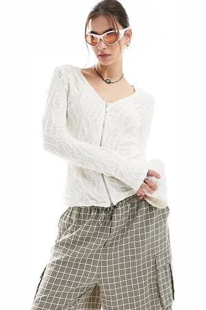 Monki Long sleeve broderie jersey cardigan with two-way zip in