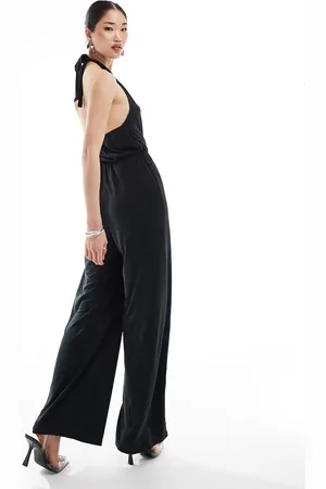 VILA Slinky halterneck wide leg jumpsuit in black