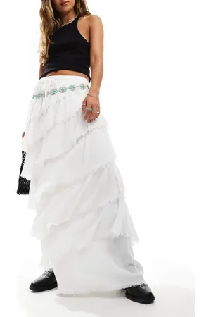 Miss Selfridge Textured asym tiered frayed edge maxi skirt in