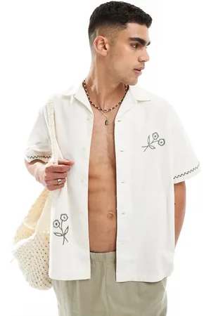SELECTED Revere collar shirt with green floral print in cream