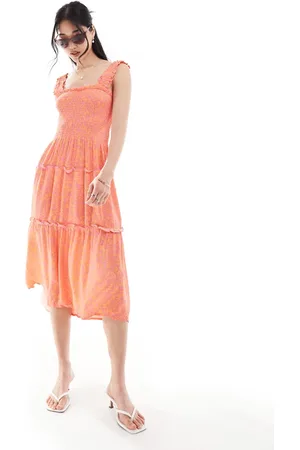 VERO MODA Shirred cami midi dress in coral floral