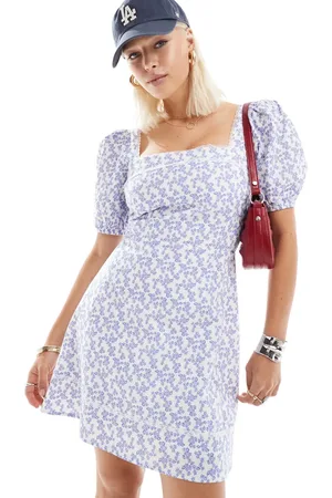 Glamorous Square neck puff sleeve mini dress in vintage blue ditsy