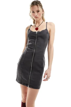Monki Zip up mini denim dress in washed