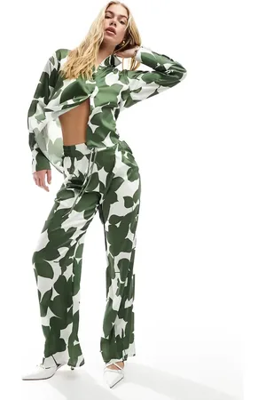 Style Cheat Satin wide leg trousers in green print co-ord