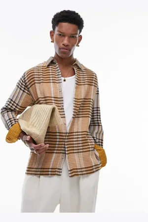 Topman Long sleeve relaxed textured checked shirt in orange and black