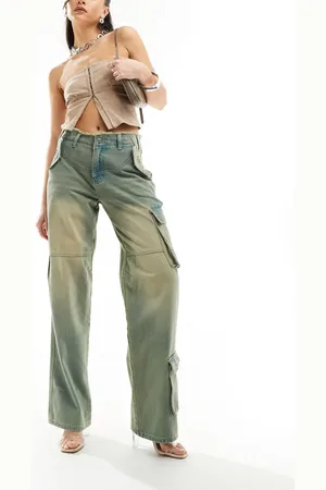 Simmi London Simmi denim wide leg cargo jeans with raw hem in sand blast wash