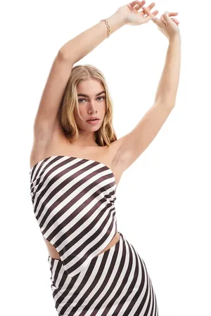 4th & Reckless Satin scarf top co-ord in cream and chocolate stripe