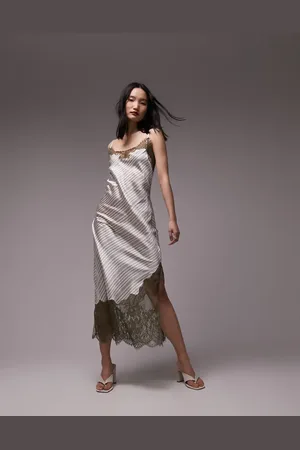 Topshop Contrast lace midi slip dress in stripe