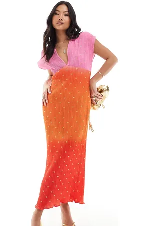 Never Fully Dressed Petite gold fleck plisse midaxi dress in sunset ombre