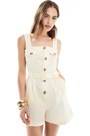 MANGO Linen mix button up playsuit in beige