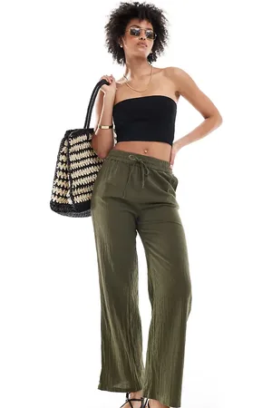 ONLY Linen texture wide leg trouser in khaki