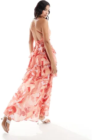 Pretty Lavish Open back ruffle maxi dress in red and pink
