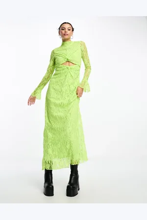 Something New X Lame. Cobain high neck lace maxi dress with cut outs in acidic lime