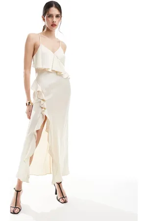 New Look Ruffle satin maxi dress in cream