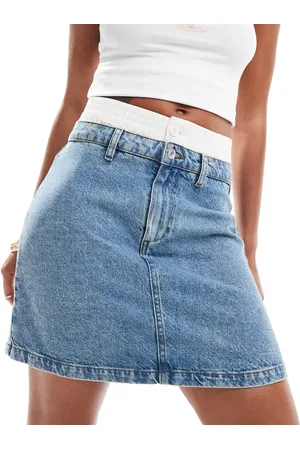 ASOS Denim mini skirt with boxer waistband in bleach wash