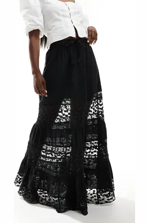 Miss Selfridge Broderie lace insert tiered prairie maxi skirt in black