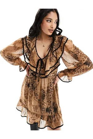 Miss Selfridge Chiffon frill detail mini dress in leopard print