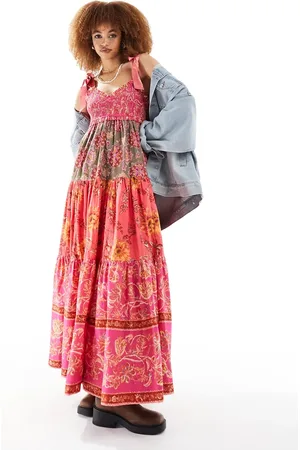 Free People Satin bow shoulder patchwork midaxi dress in magenta