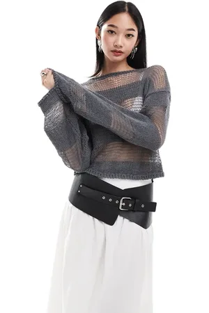 Monki Long sleeve loose knitted top with sheer stripes in