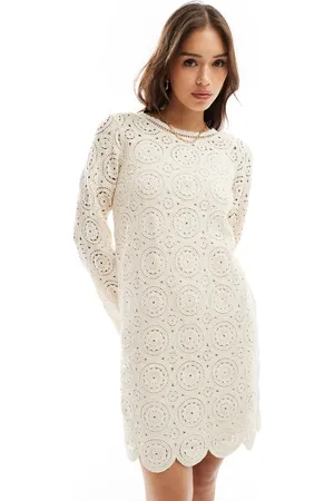Object Lace mini dress with scalloped hem in cream