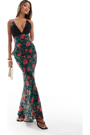 Aria Cove Lace trim strappy low back maxi dress in black rose print