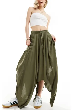 Miss Selfridge Cheesecloth hanky hem maxi skirt in khaki