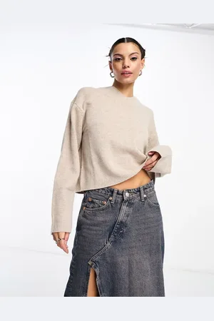 Weekday Reece high v neck wool jumper in beige melange