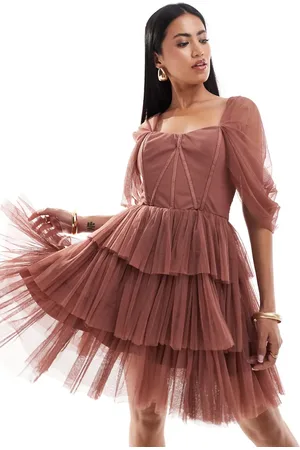 Lace & Beads Off shoulder corset tulle mini dress in rose