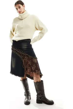 Monki High zip neck knitted sweater in off