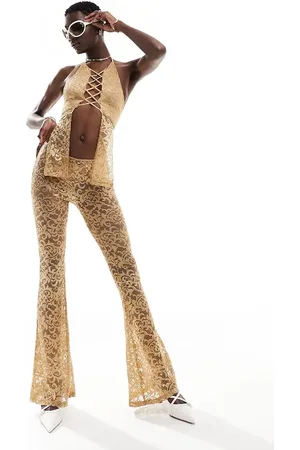 The Kript Flare trousers with thong in tan lace co-ord