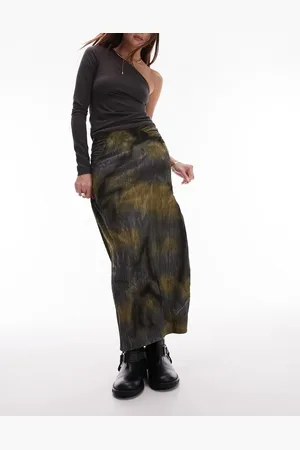 Topshop Midi skirt in jersery textured with split front in blurred khaki print