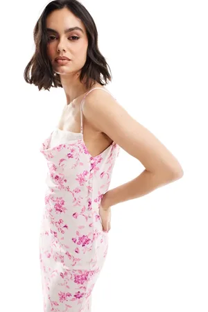 ASOS Contrast lace cowl neck midi slip dress in pretty pink floral print