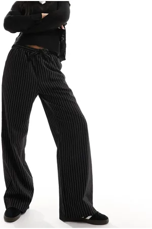 Monki Drawstring straight leg trousers in pinstripe