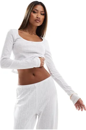 Kaiia Pointelle ribbed bow detail round neck top co-ord in white