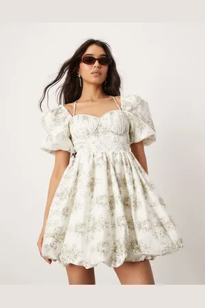 ASOS Puff ball mini dress with pintuck corset bodice in bow floral print