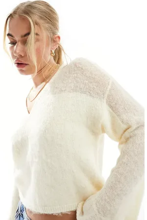 ASOS V neck jumper with sheer panelling in cream