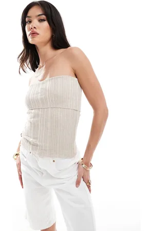 MANGO Ribbed fold over bandeau in beige