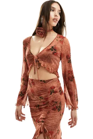 ASOS Crinkle mesh tie front top in floral print co-ord